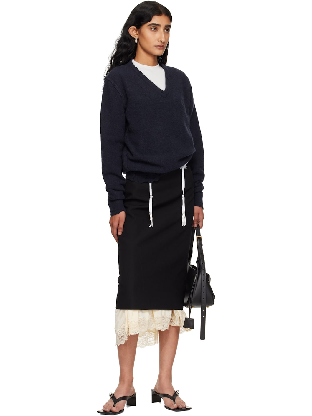 Black Lingerie Tailored Midi Skirt - 5