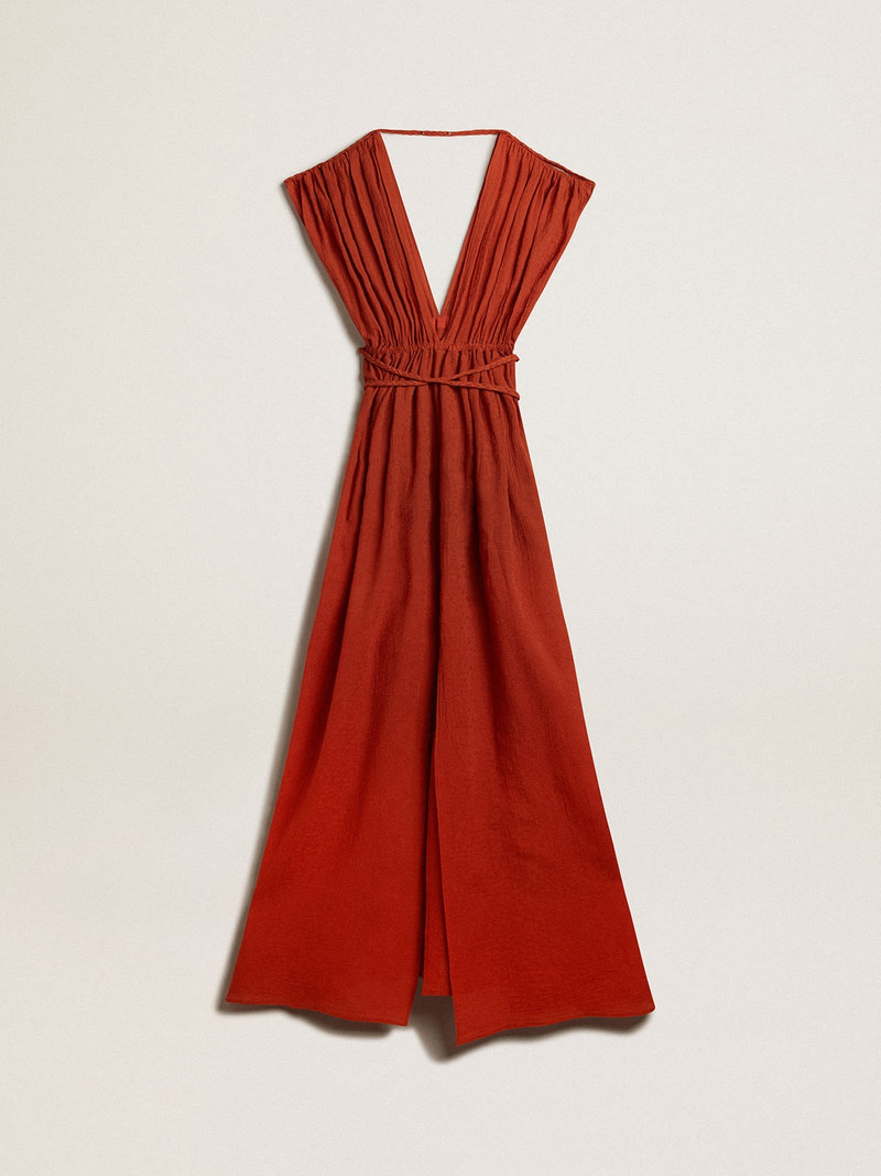 Kaftan dress in coral-red jacquard cotton 4