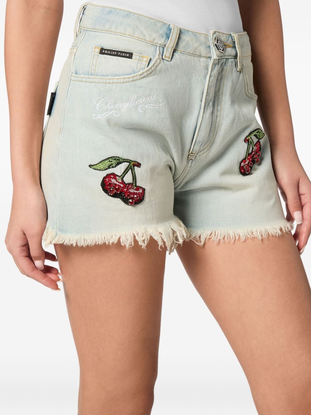 cherry-embroidery denim shorts - 5