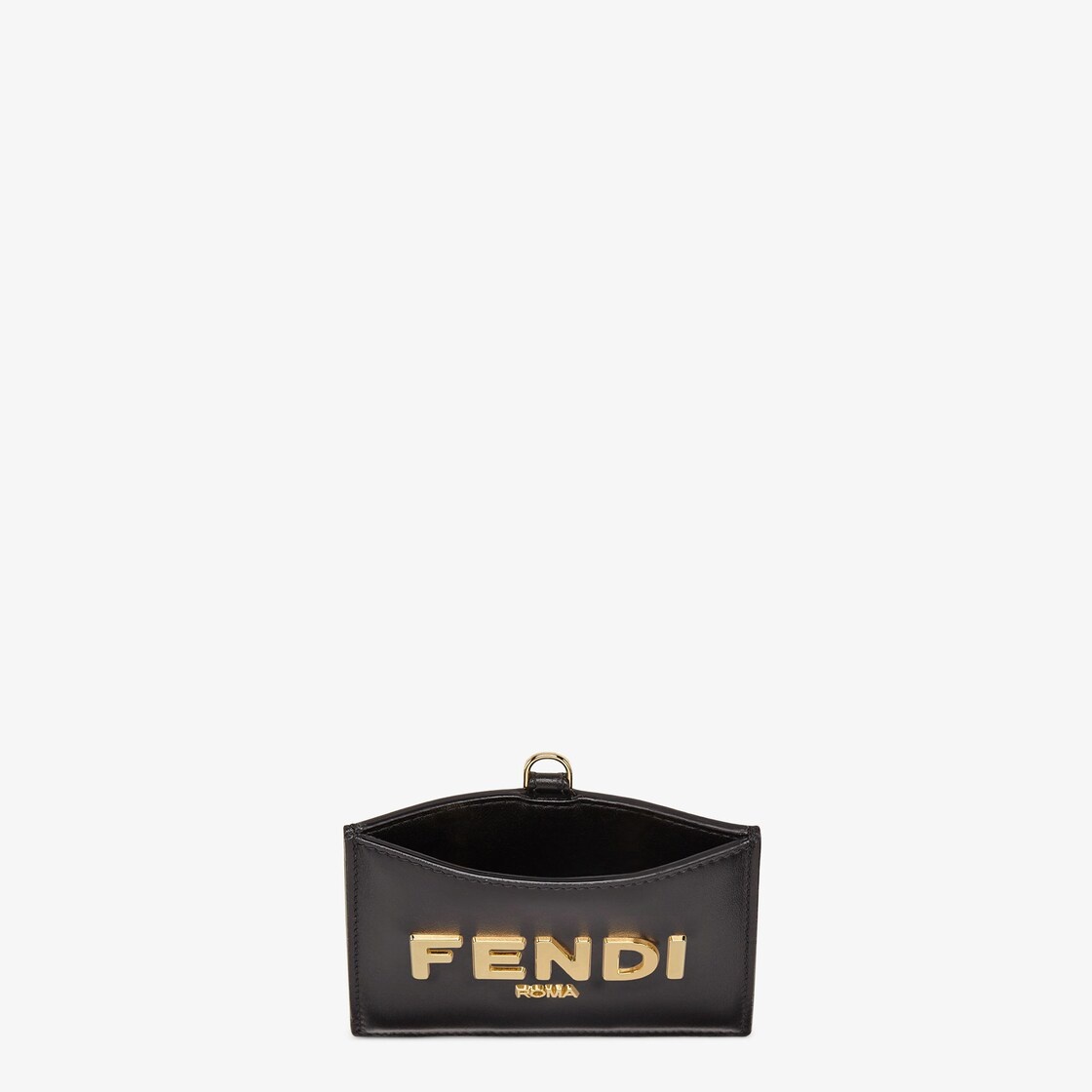 Fendi Roma name badge with a flat pocket and metal chain. Made of black leather. Gold-finish metalwa - 3
