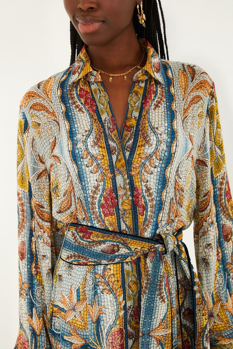 FARM RIO Blue Mosaic Garden Belted Mini Dress outlook