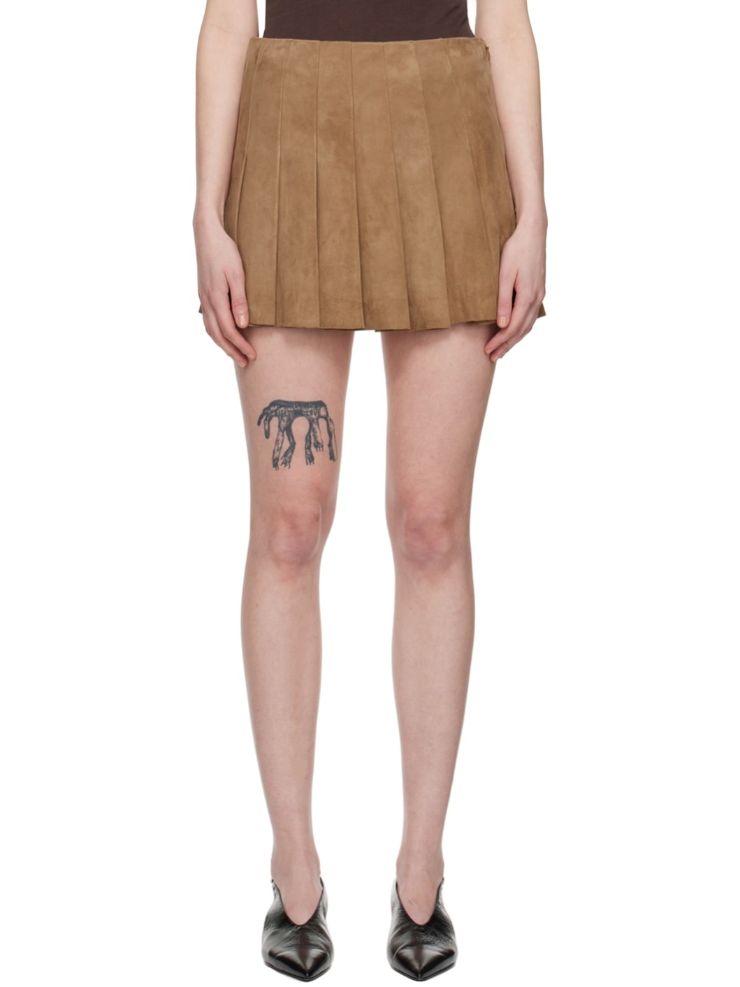 Tan Pleated Suede Miniskirt - 1