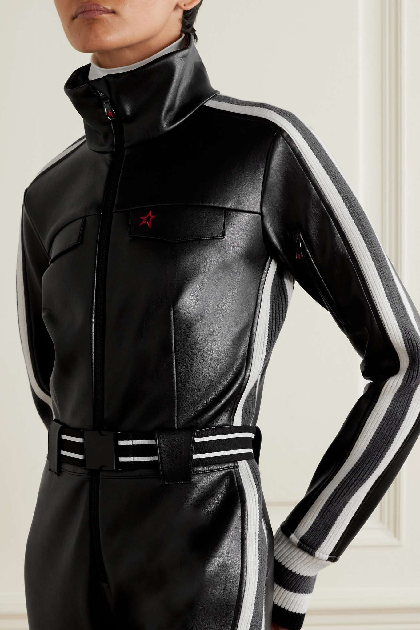 Crystal merino wool-trimmed faux leather ski suit - 5