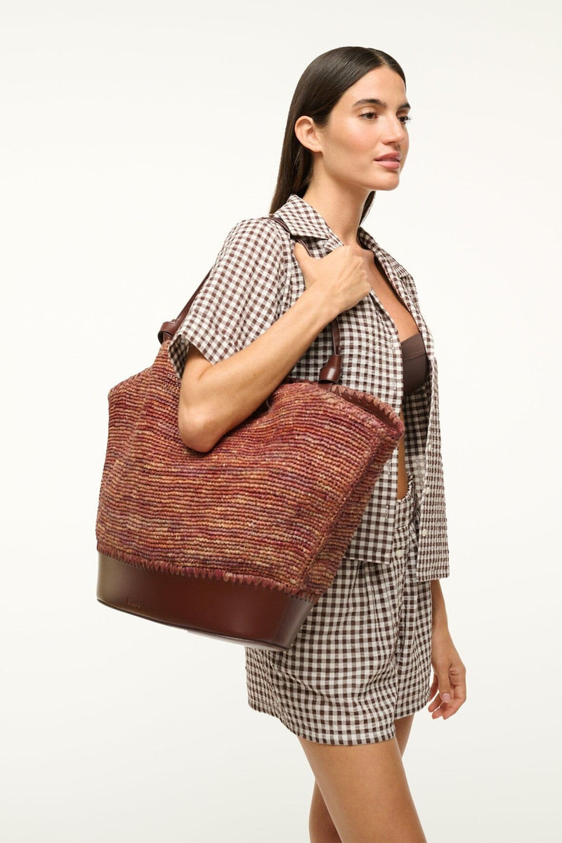 STAUD STAUD SQUILLO RAFFIA TOTE MAHOGANY outlook