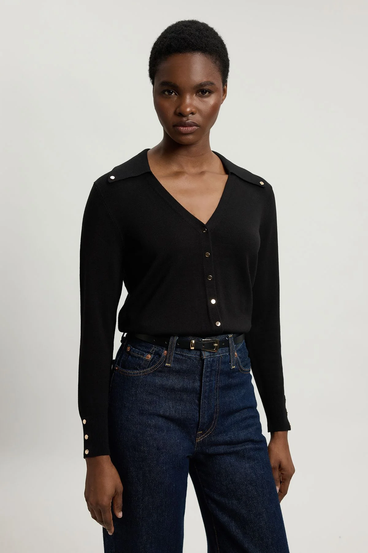 Petite Viscose Blend Popper Detail Knit Collared Cardigan - 1