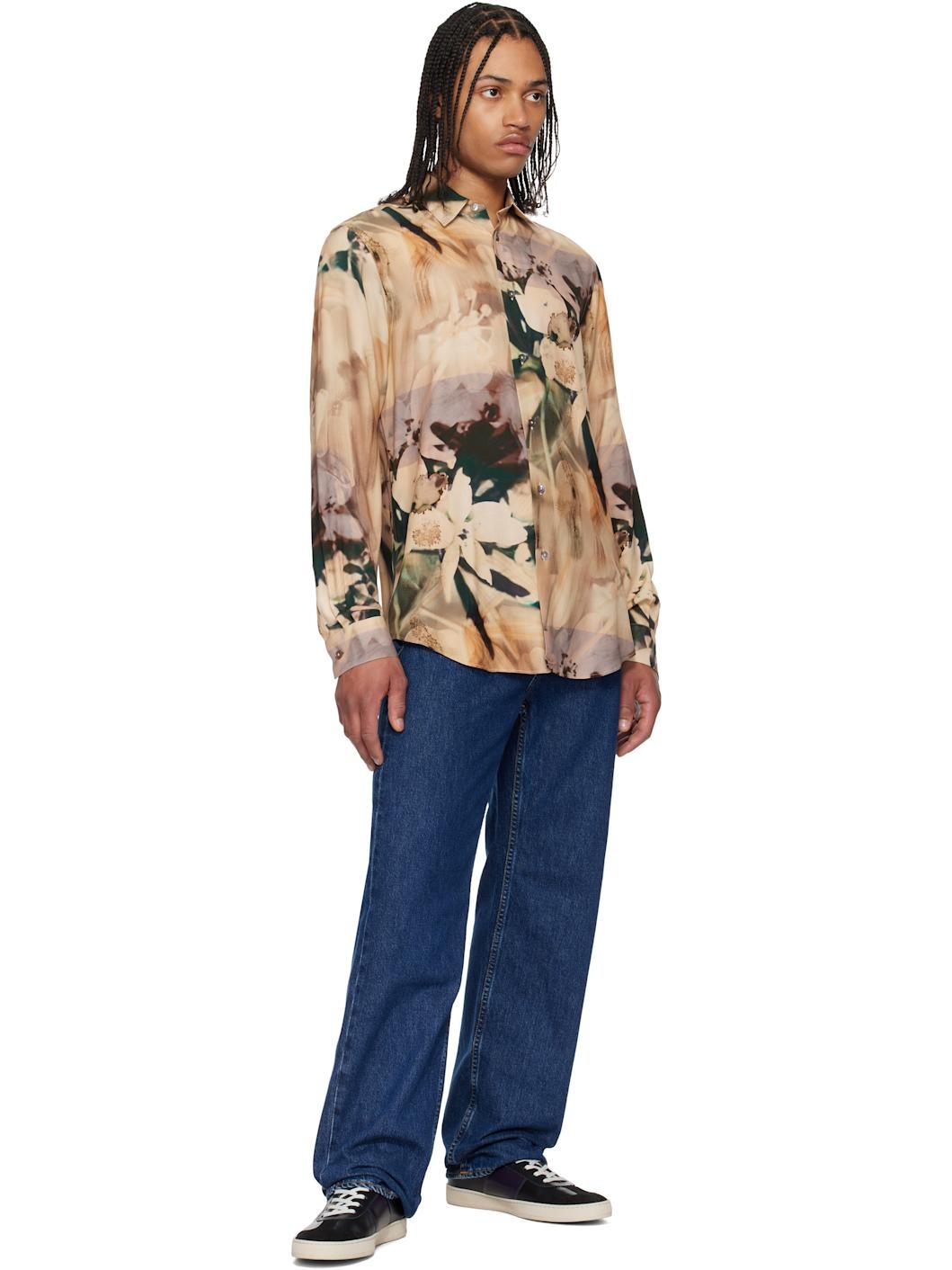Beige Viscose Painted Photograph Print Shirt - 4