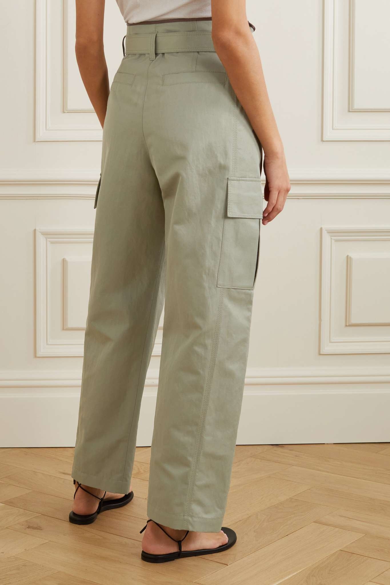 Belted cotton-blend gabardine straight-leg pants - 3