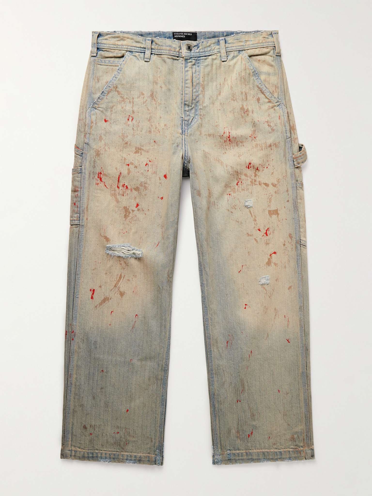 Straight-Leg Paint-Splattered Distressed Herringbone Jeans - 1