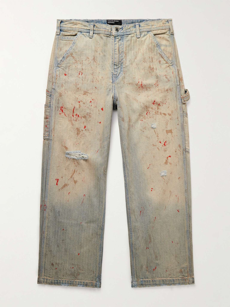 Straight-Leg Paint-Splattered Distressed Herringbone Jeans 1
