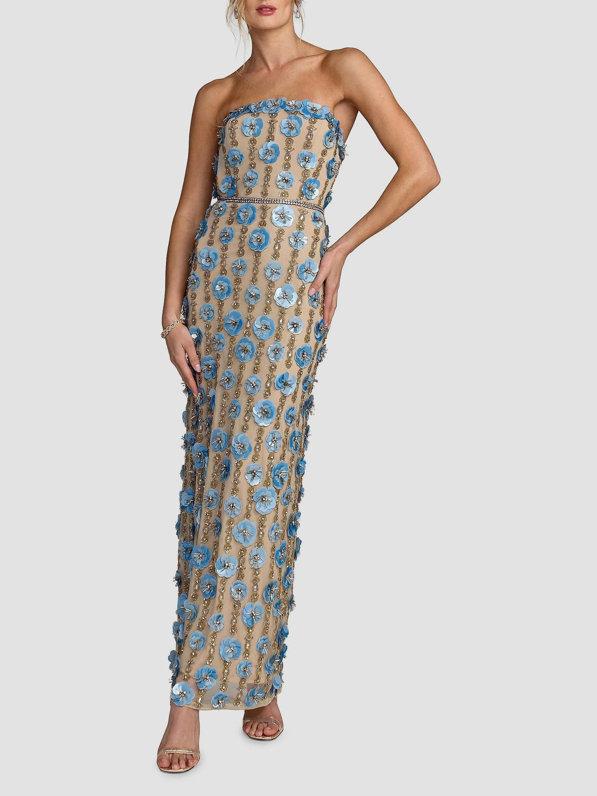 Women's 3D Floral-Embellished Strapless Maxi Dress - Beige Blue - 1