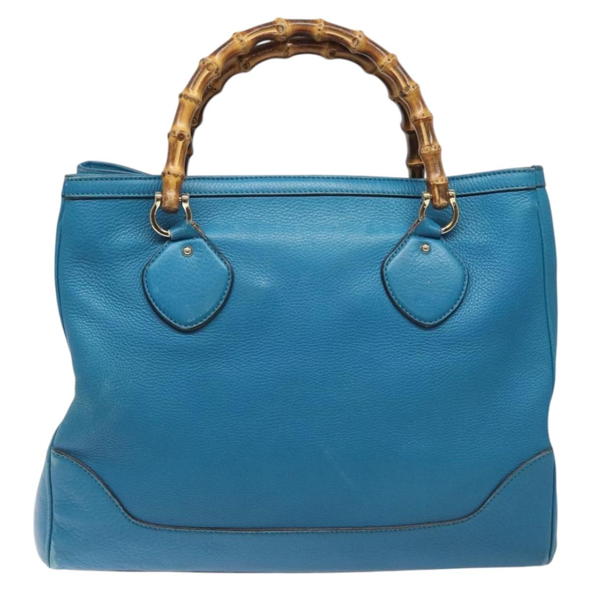 GUCCI Bamboo Hand Bag Leather Blue Gold - 2