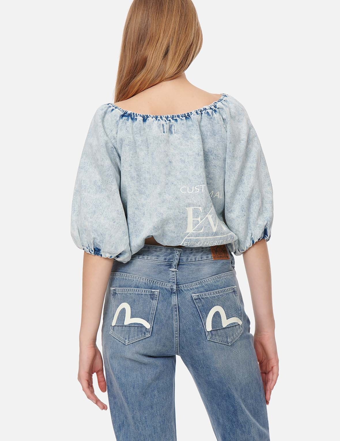 PUFF-SLEEVES CROPPED DENIM BLOUSE - 3