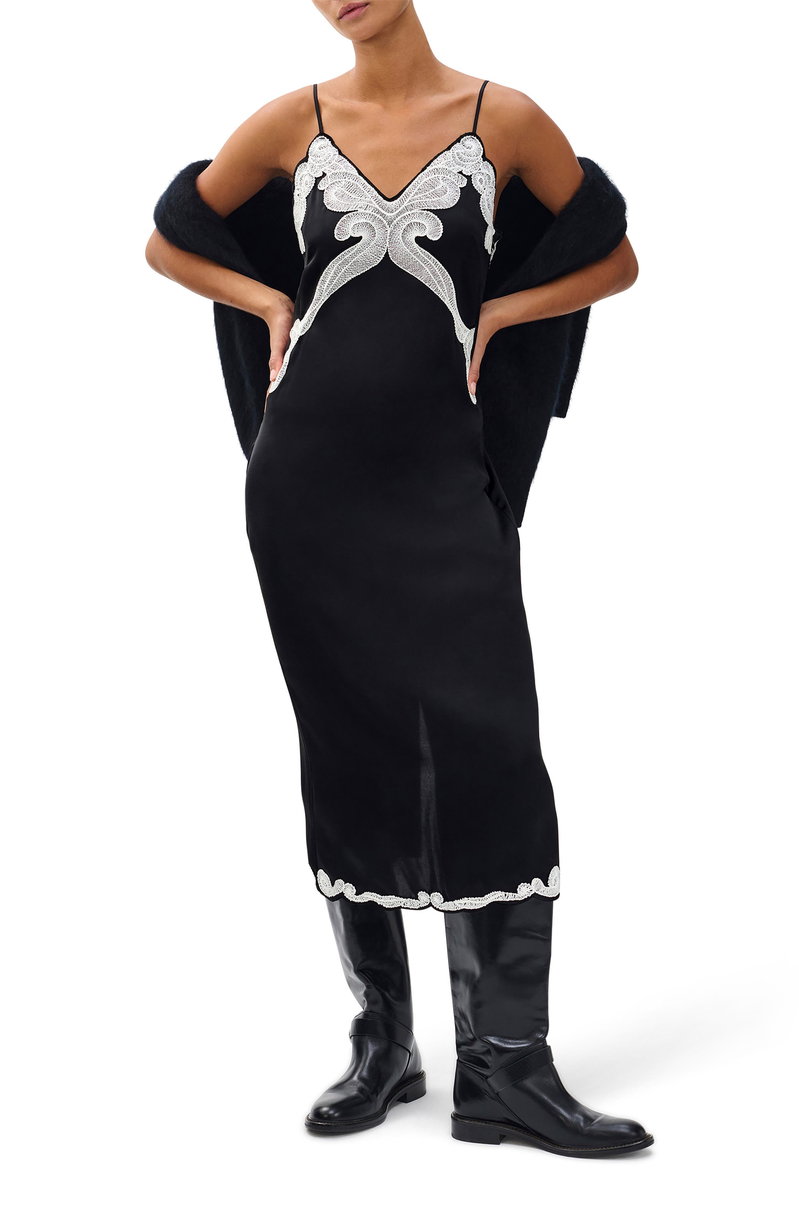 rag & bone Ann Embroidery Detail Midi Slipdress in Black at Nordstrom - 6