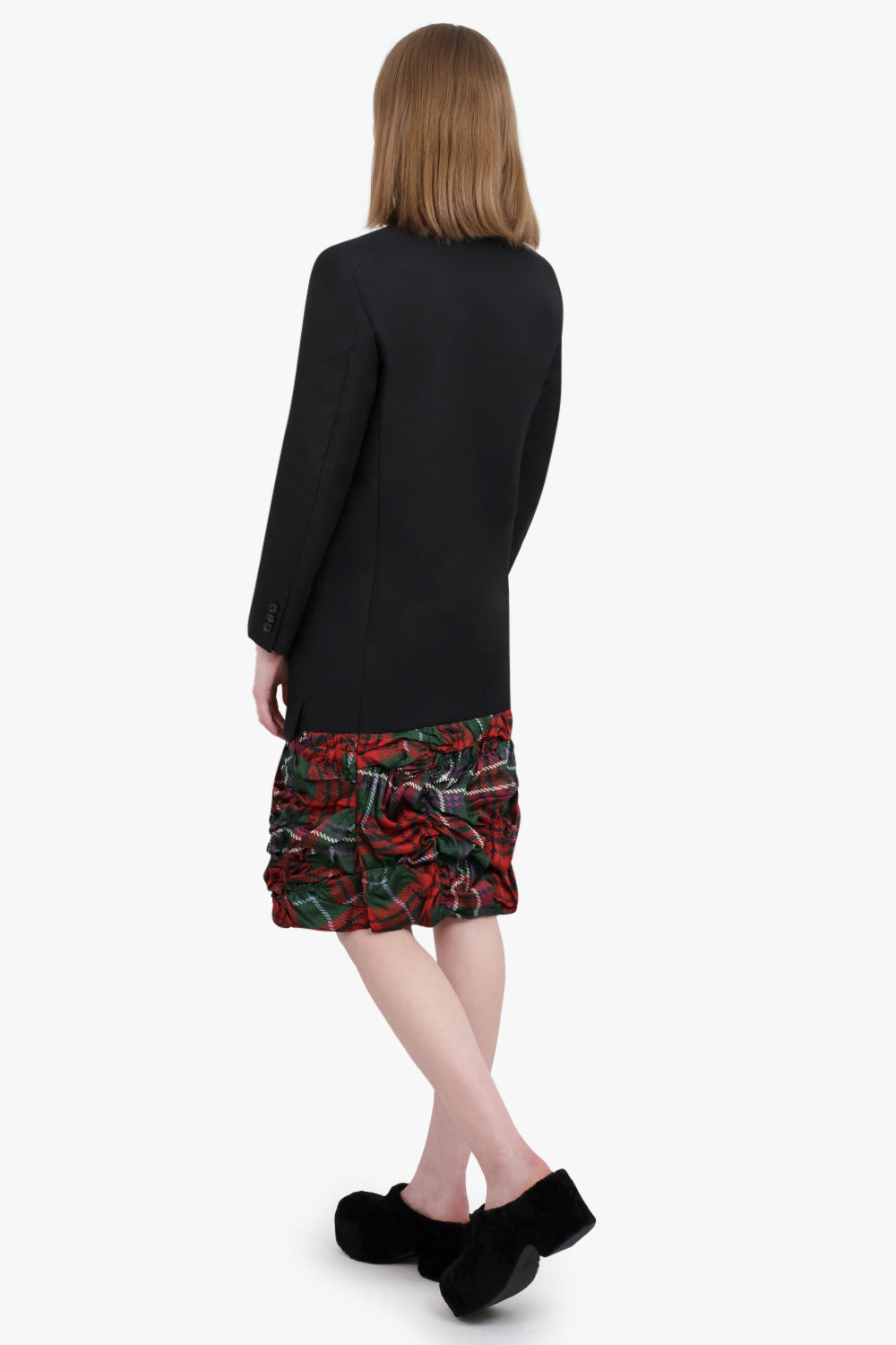 TWO TONE COAT WITH CHECK PRINT RUFFLE HEM | BLACK/TARTAN - 4