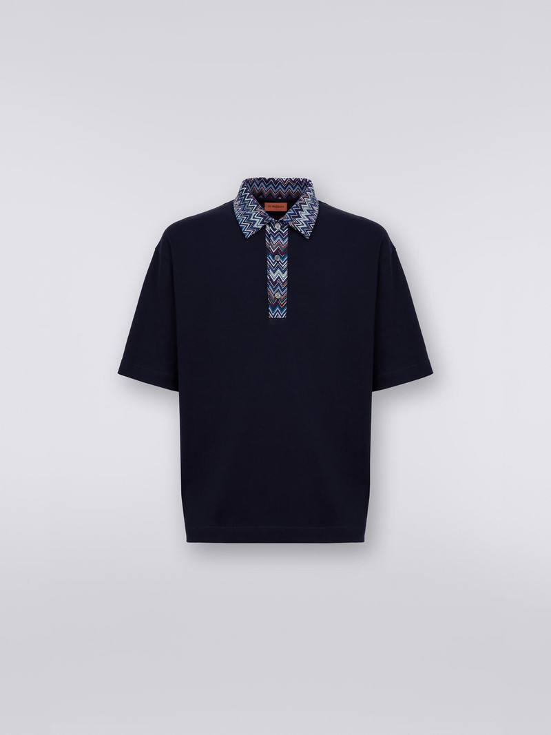 Short-sleeved cotton jersey polo shirt with zigzag inserts 1