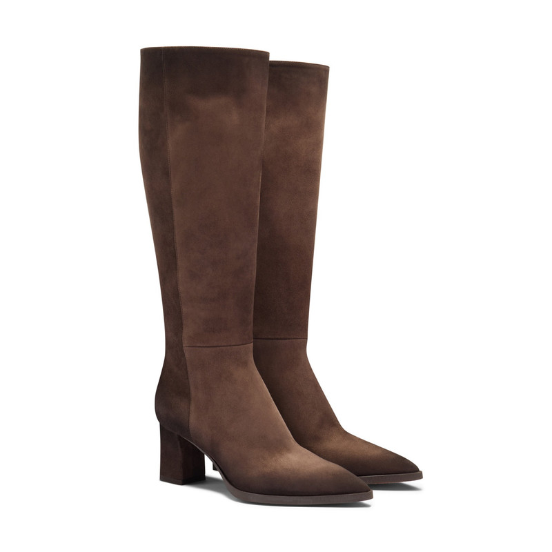 Santoni Women's dark brown suede mid-heel boot outlook