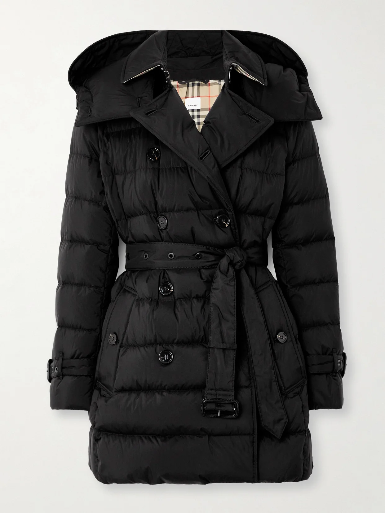 Hooded Belted Double-breasted Quilted Shell Down Coat - 1