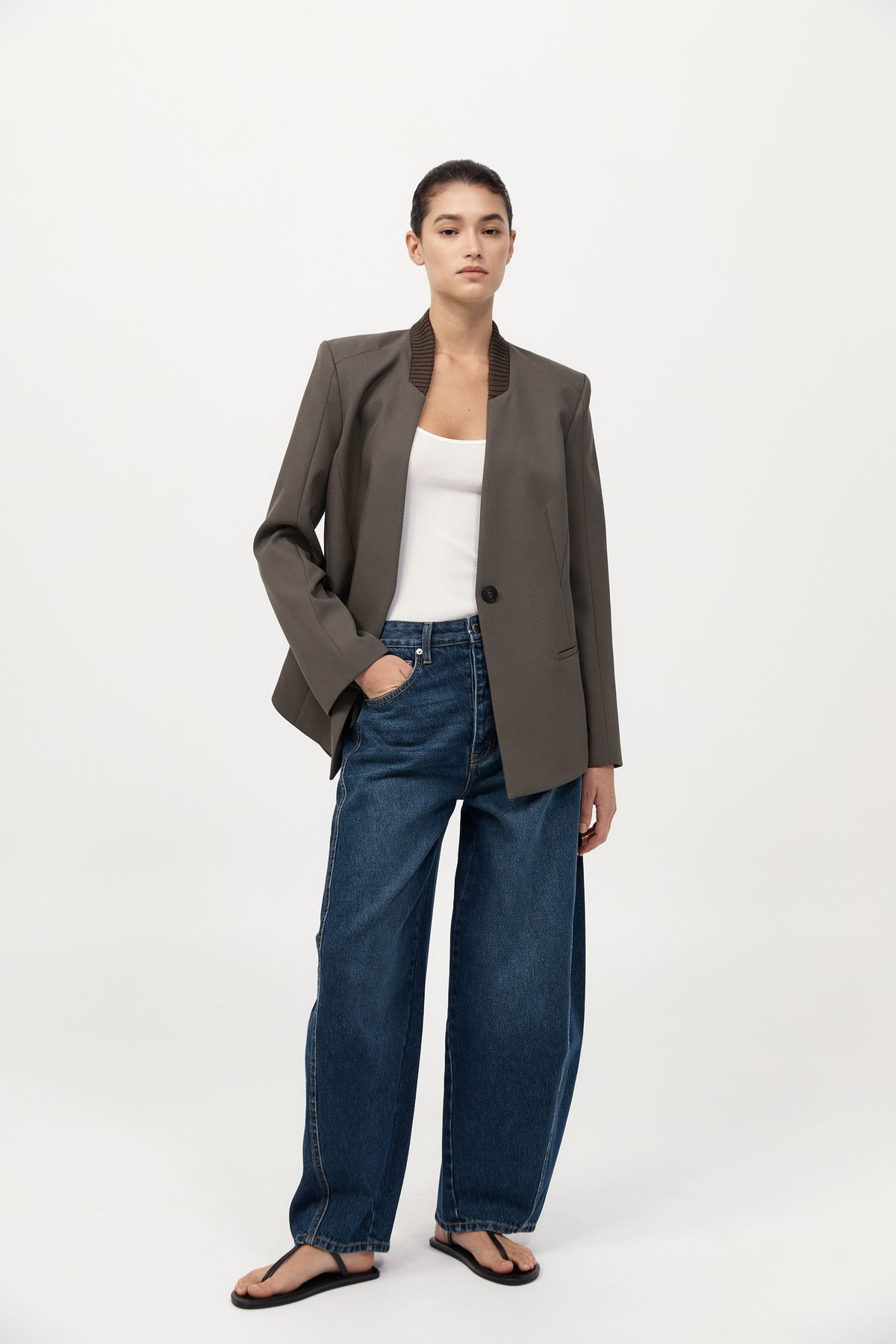 Rib Collar Blazer - Khaki - 4