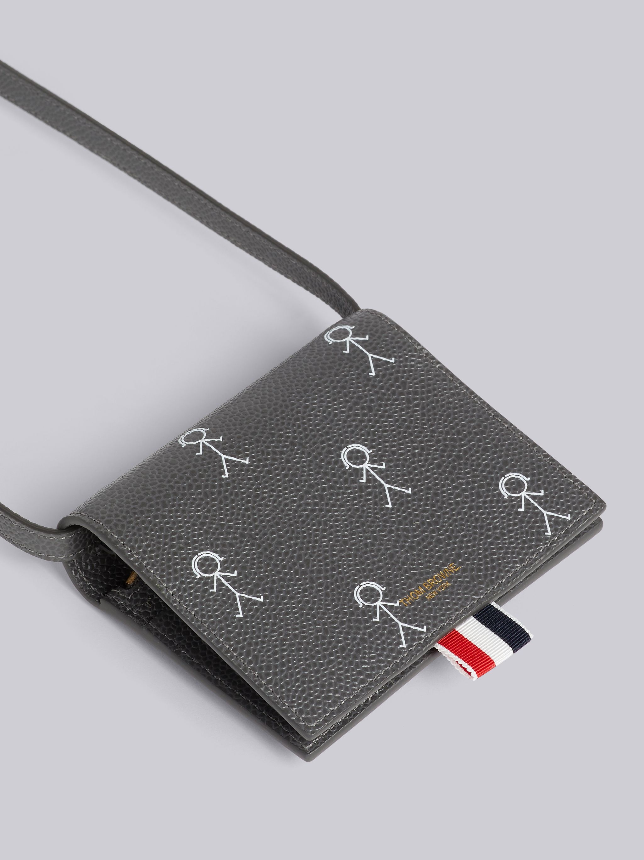 Dark Grey Pebble Grain Leather 3D Mrs. Thom Icon Print Bifold Cardholder With Shoulder Strap - 2