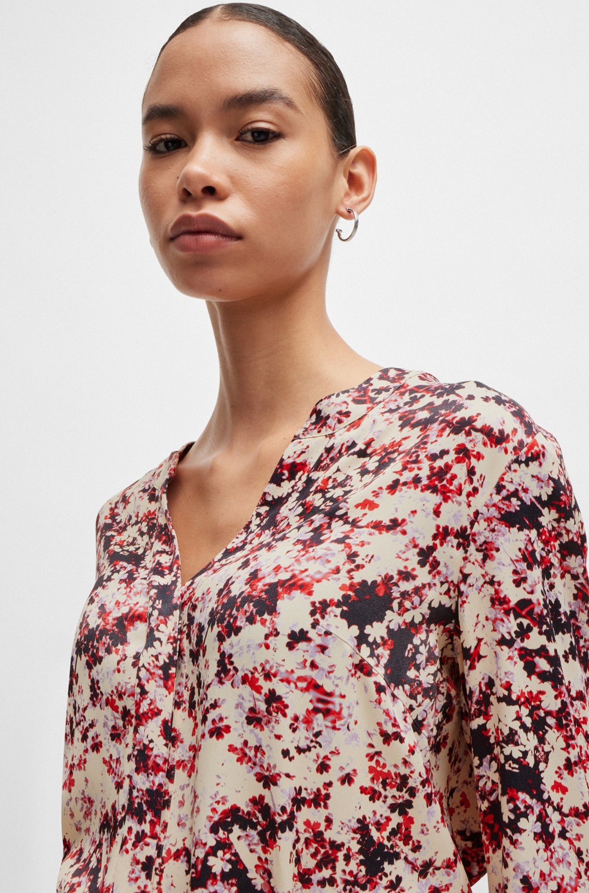 FLORAL-PRINT BLOUSE IN SATIN WITH NOTCH NECKLINE - 4