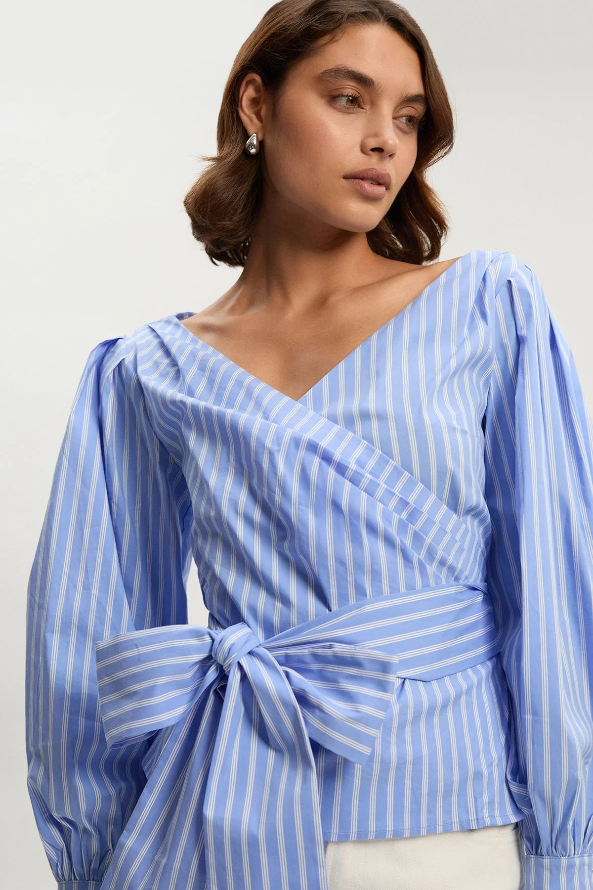 Stripe Cotton Poplin Cold Shoulder Woven Wrap Detail Blouse - 1