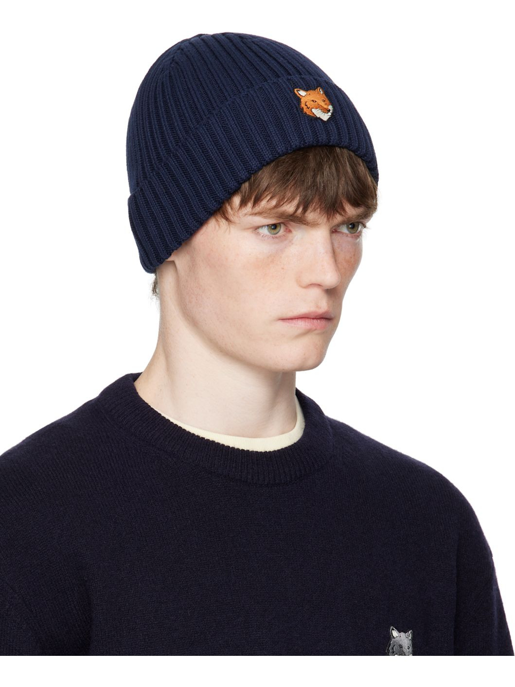 Navy Natural Fox Head Beanie - 2