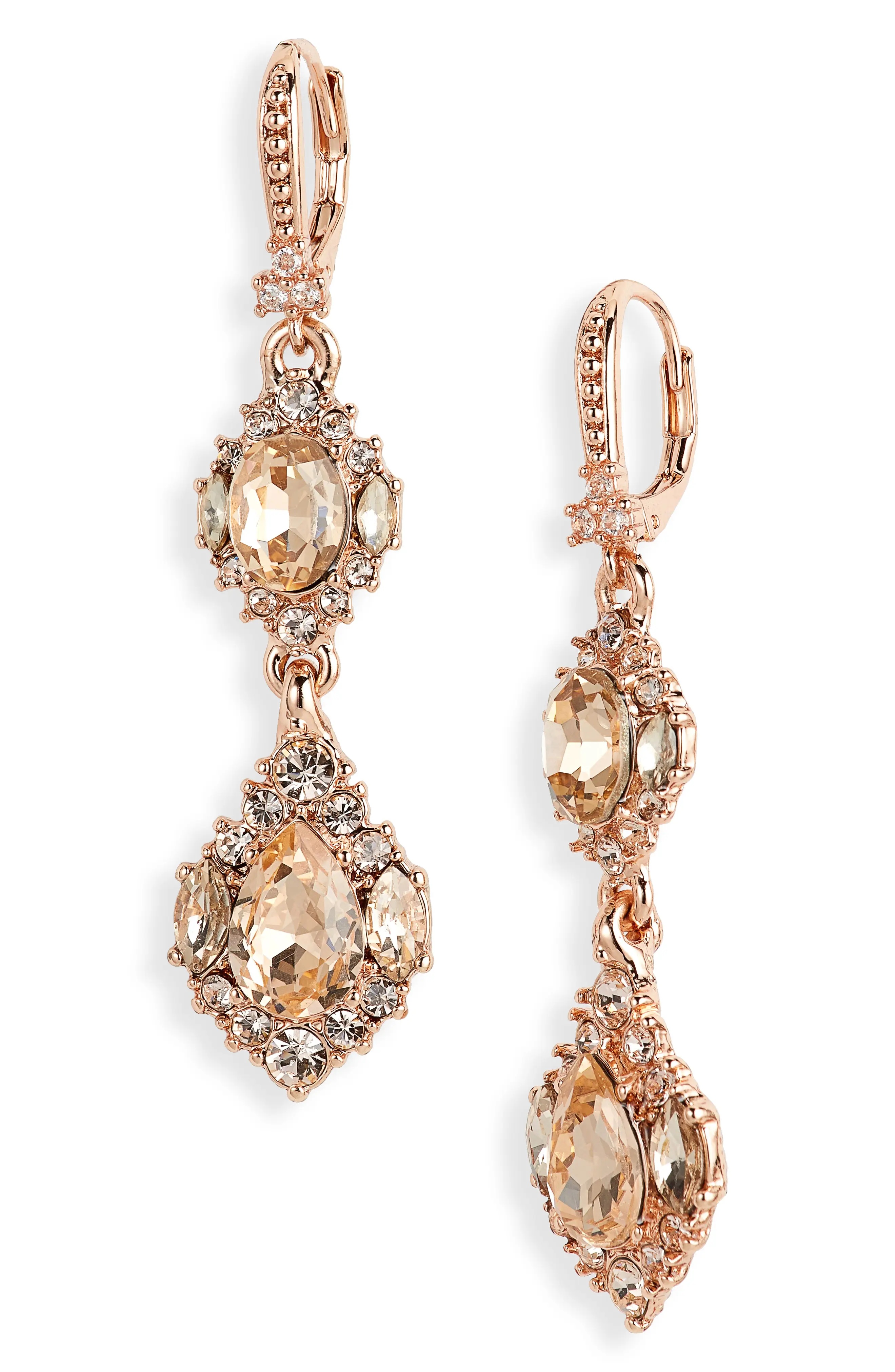 Crystal Cluster Double Drop Earrings in Rose Gold/Silk - 1