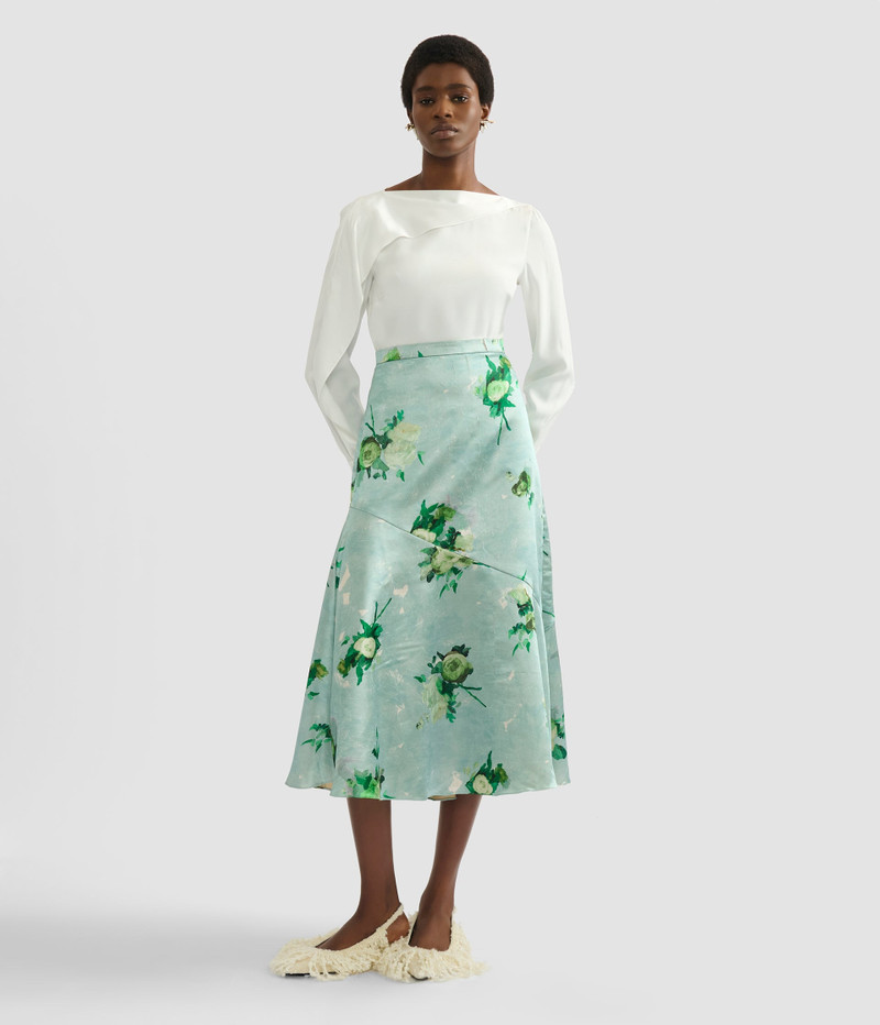 FLORAL PRINT CRUSHED SATIN A LINE SKIRT 1