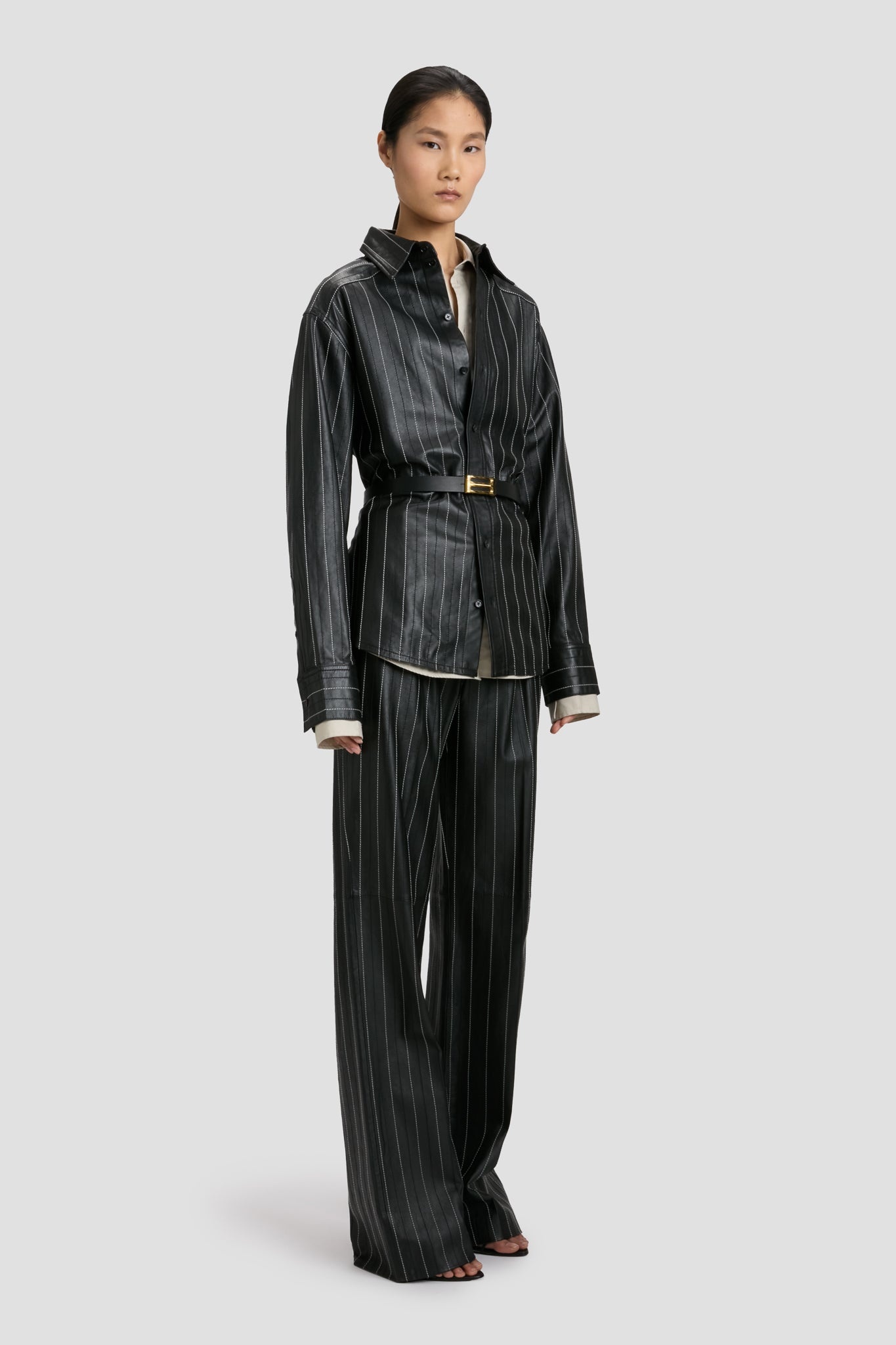 Tab Detail Leather Shirt In Black-Ivory - 4