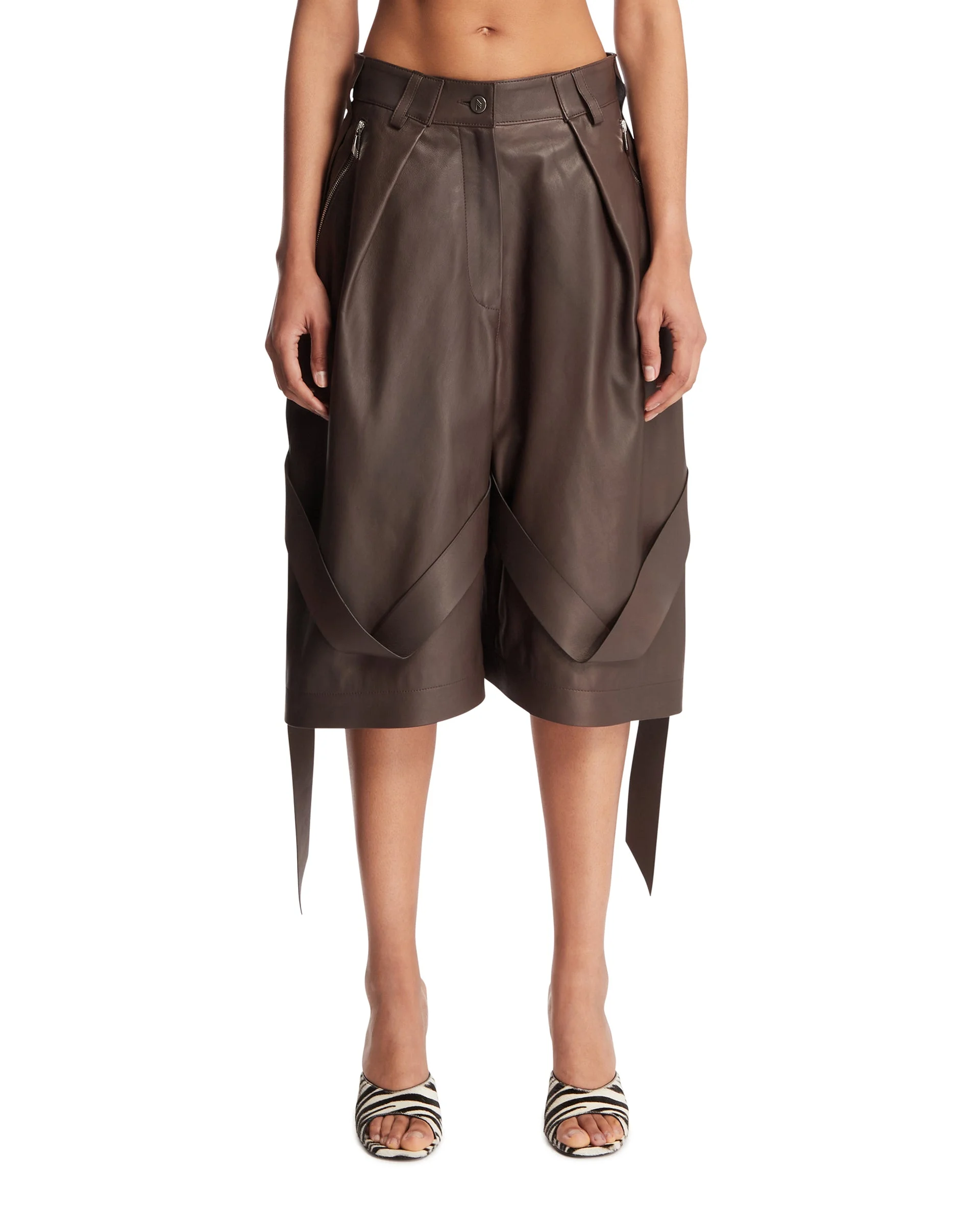 Brown Leather Bermuda Shorts - 1