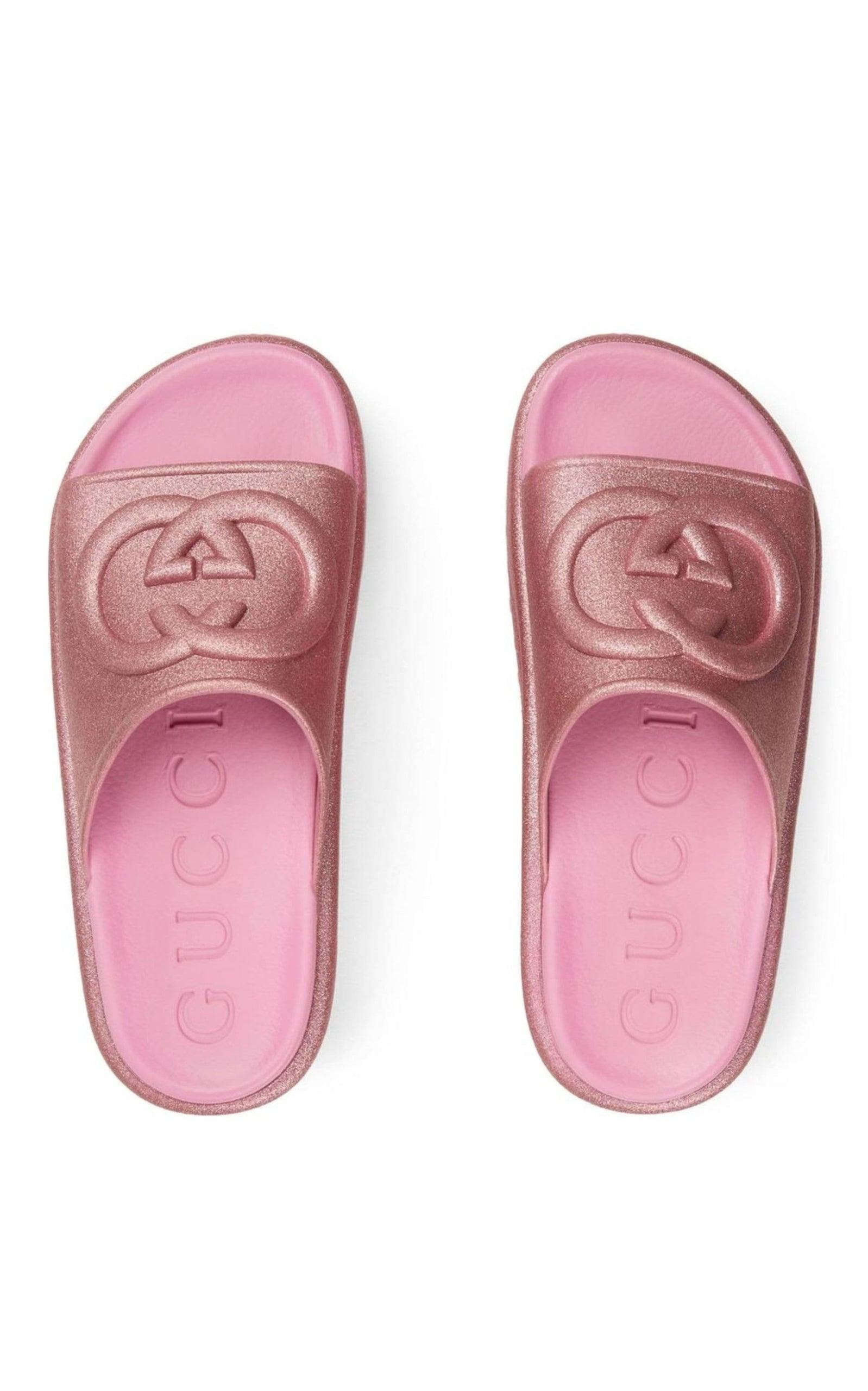Miami GG-Embossed Glittered Rubber Platform Slides - 4