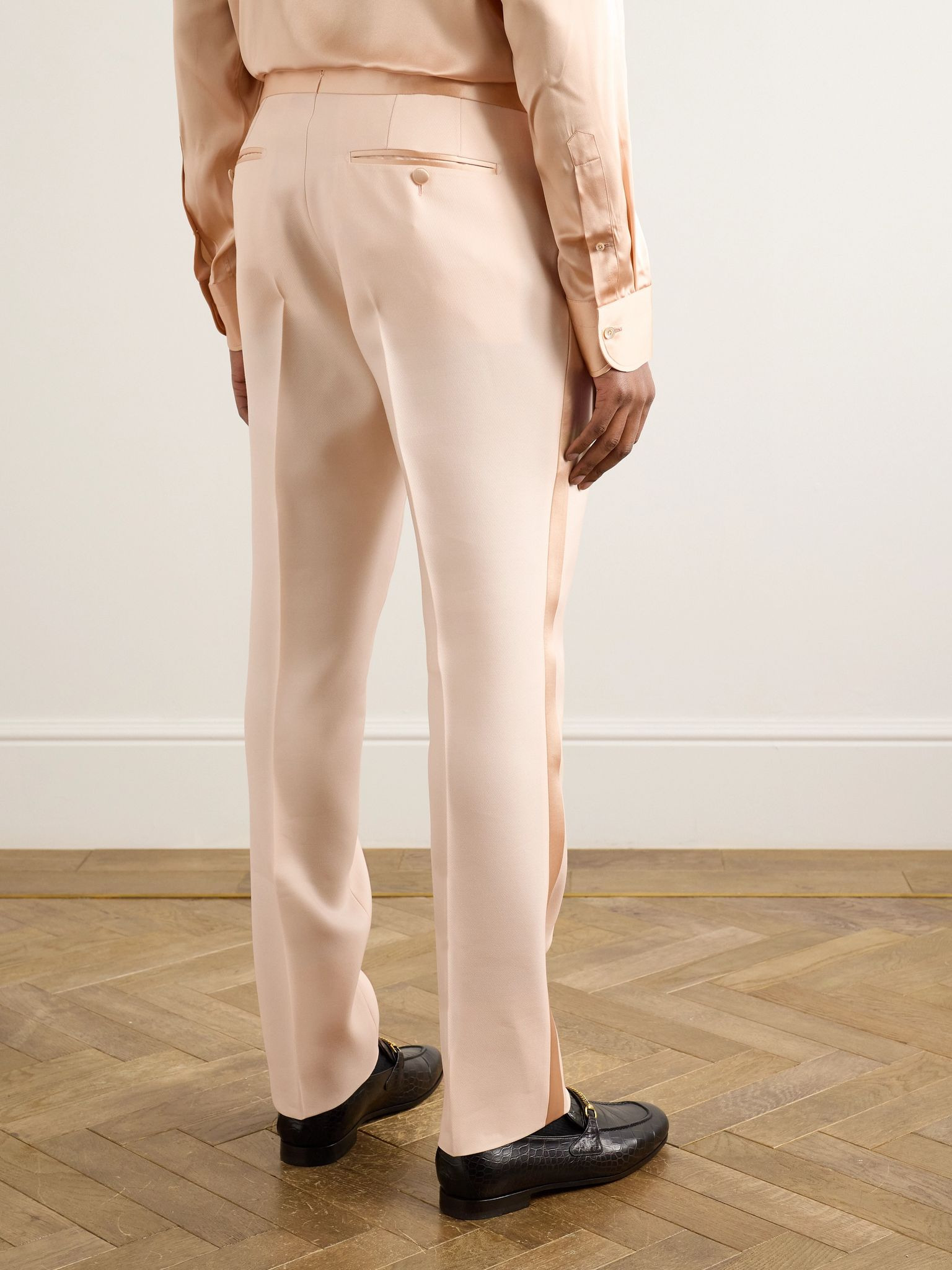 Tapered Satin-Trimmed Wool and Silk-Blend Twill Tuxedo Trousers Beige - 4