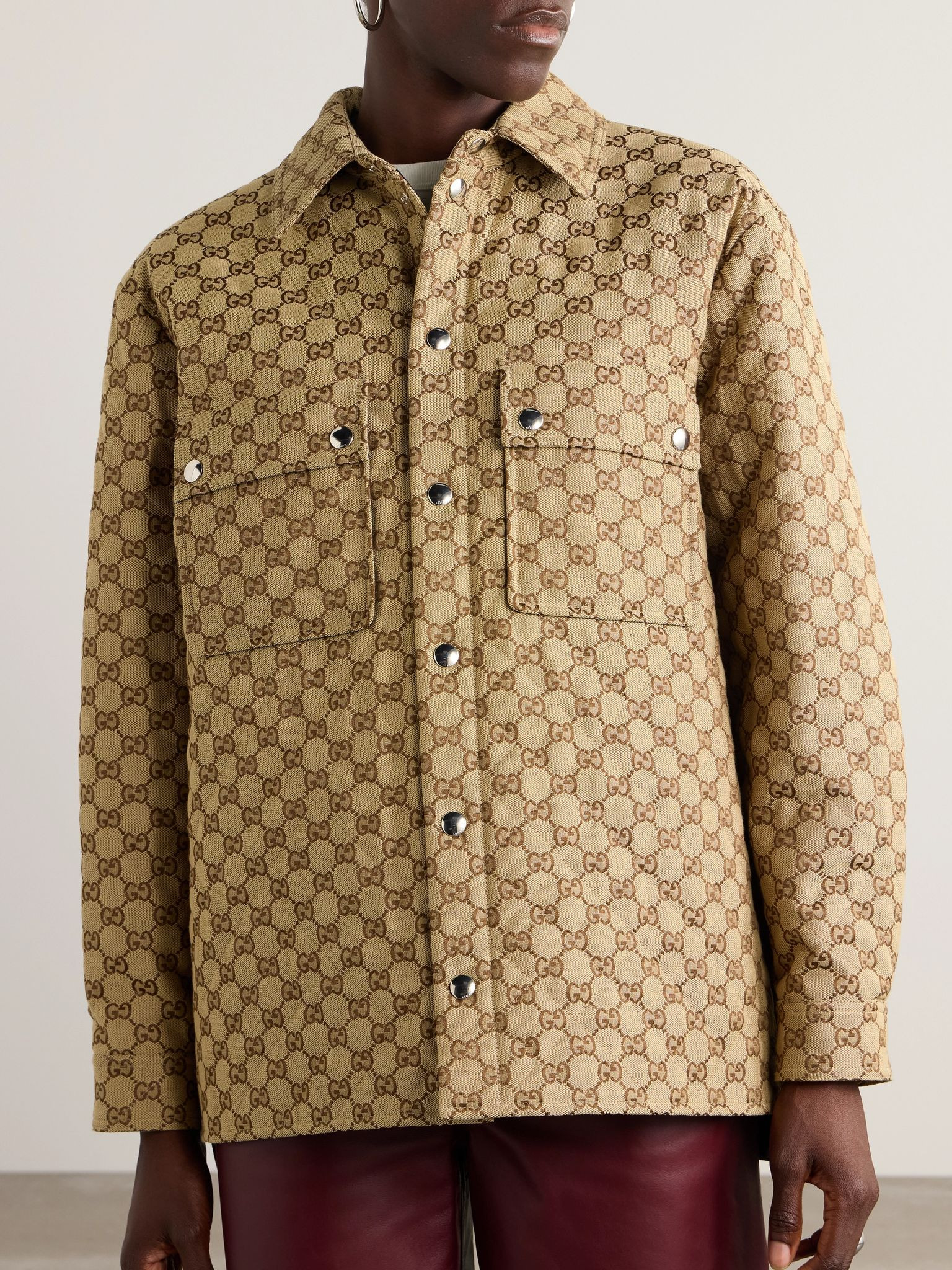 Quilted padded cotton-blend canvas-jacquard shirt Camel - 3