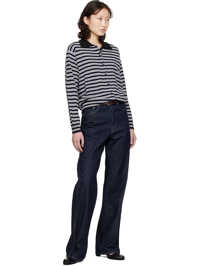 CORDERA Black & White Merino Wool Striped Polo Cardigan outlook