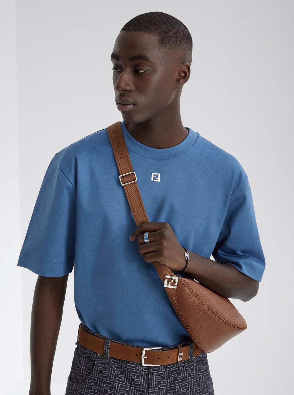 Fendi Men 'Melon Small' Brown Crossbody Bag  With Logo Strap And Metallic Ffs On The Sides In Leathe - 6