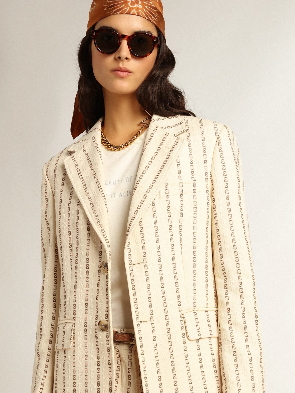 Single-breasted cream cotton blazer with jacquard motif - 5