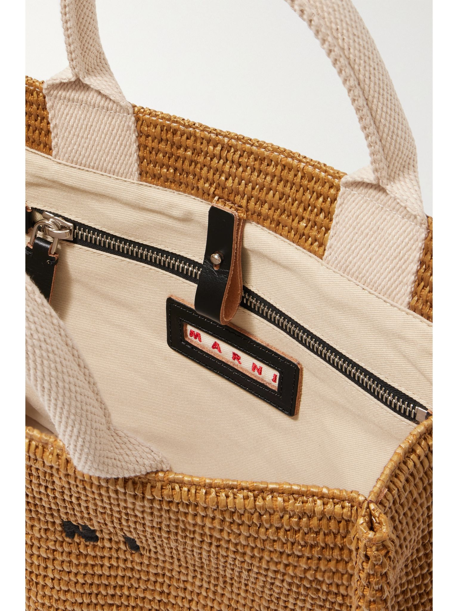 Basket small canvas-trimmed embroidered faux raffia tote Neutral - 5
