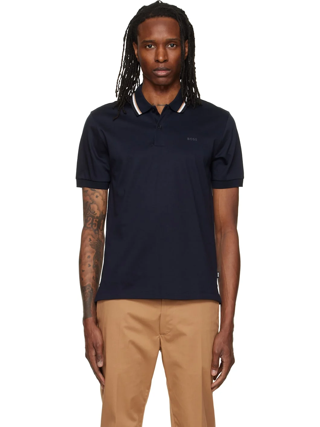 Navy Striped Collar Slim-Fit Cotton Polo - 1