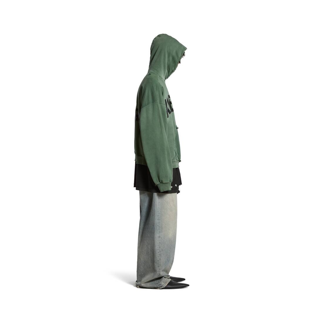 New Tape Type Ripped Pocket Hoodie Large Fit in Dark Green - 3