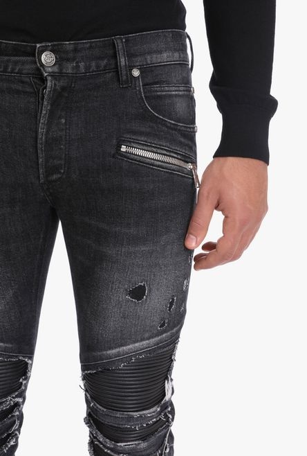 Slim-fit ripped black cotton and pleather jeans - 6