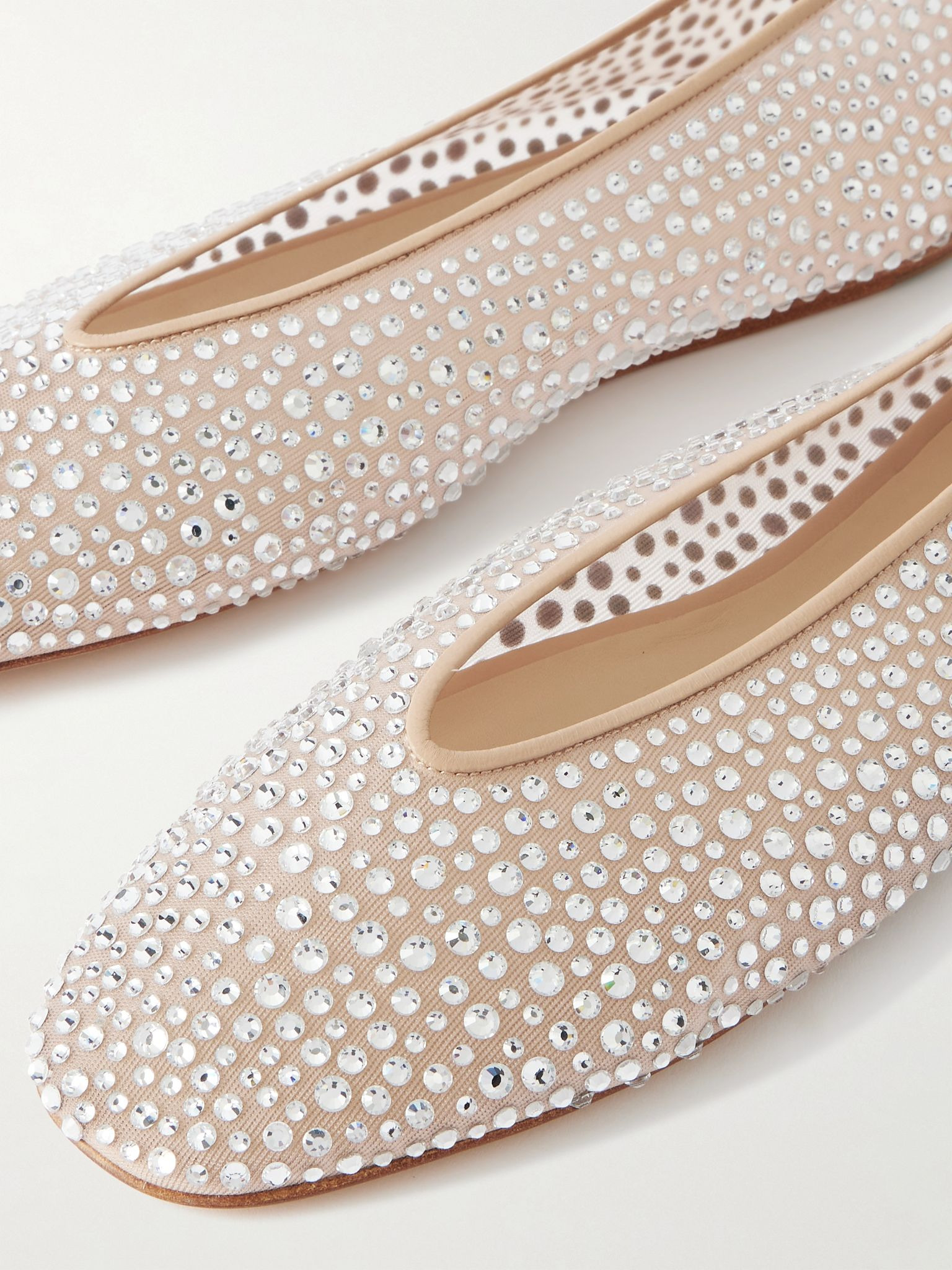 Luna crystal-embellished leather-trimmed mesh flats Light brown - 4