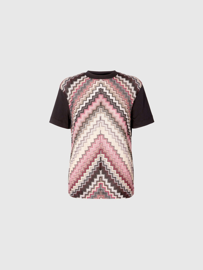 Crewneck T-shirt with lamé zig zag knit insert 1