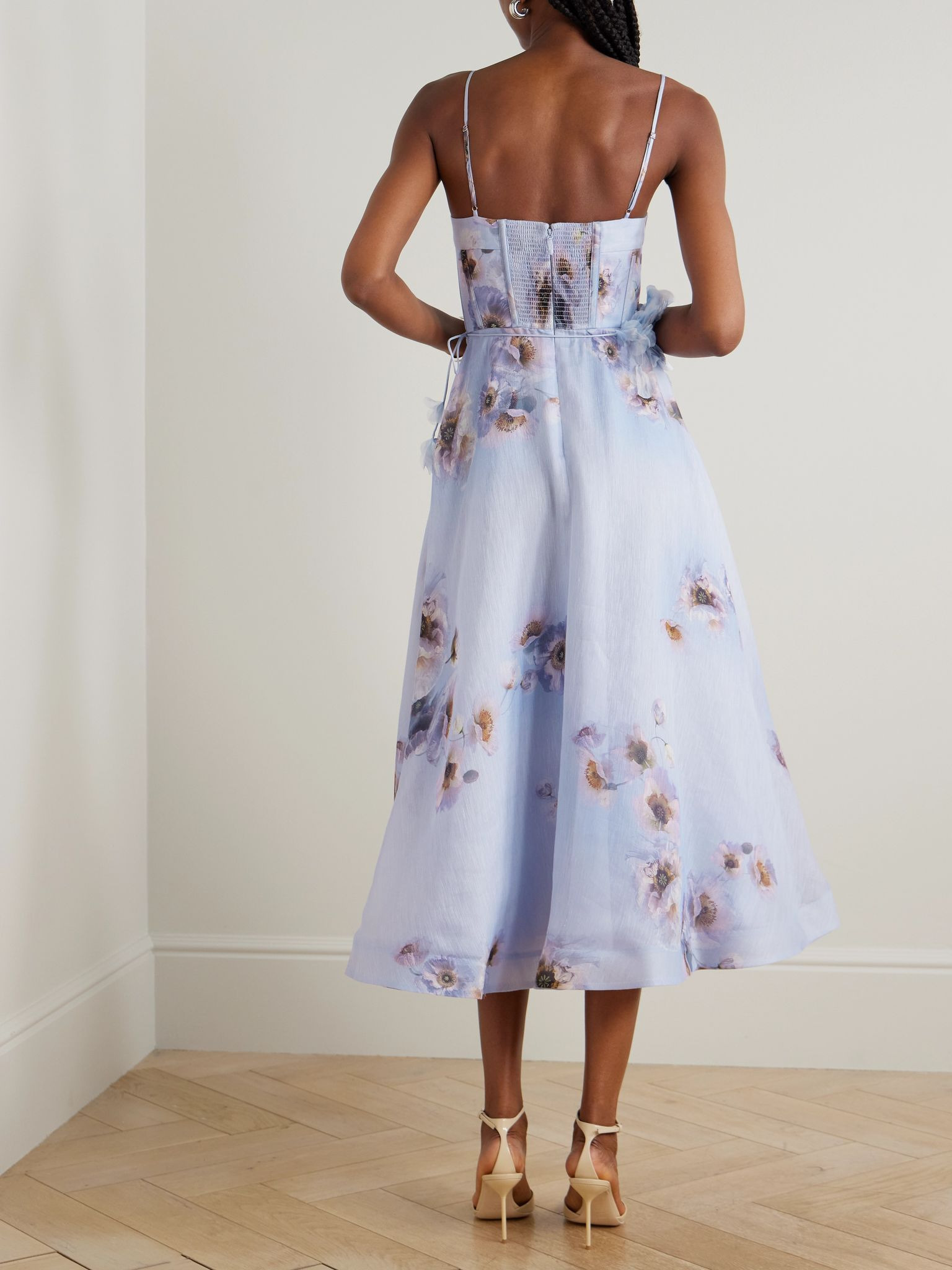 Hypnotic Picnic belted appliquéd floral-print linen and silk-blend midi dress Lilac - 3