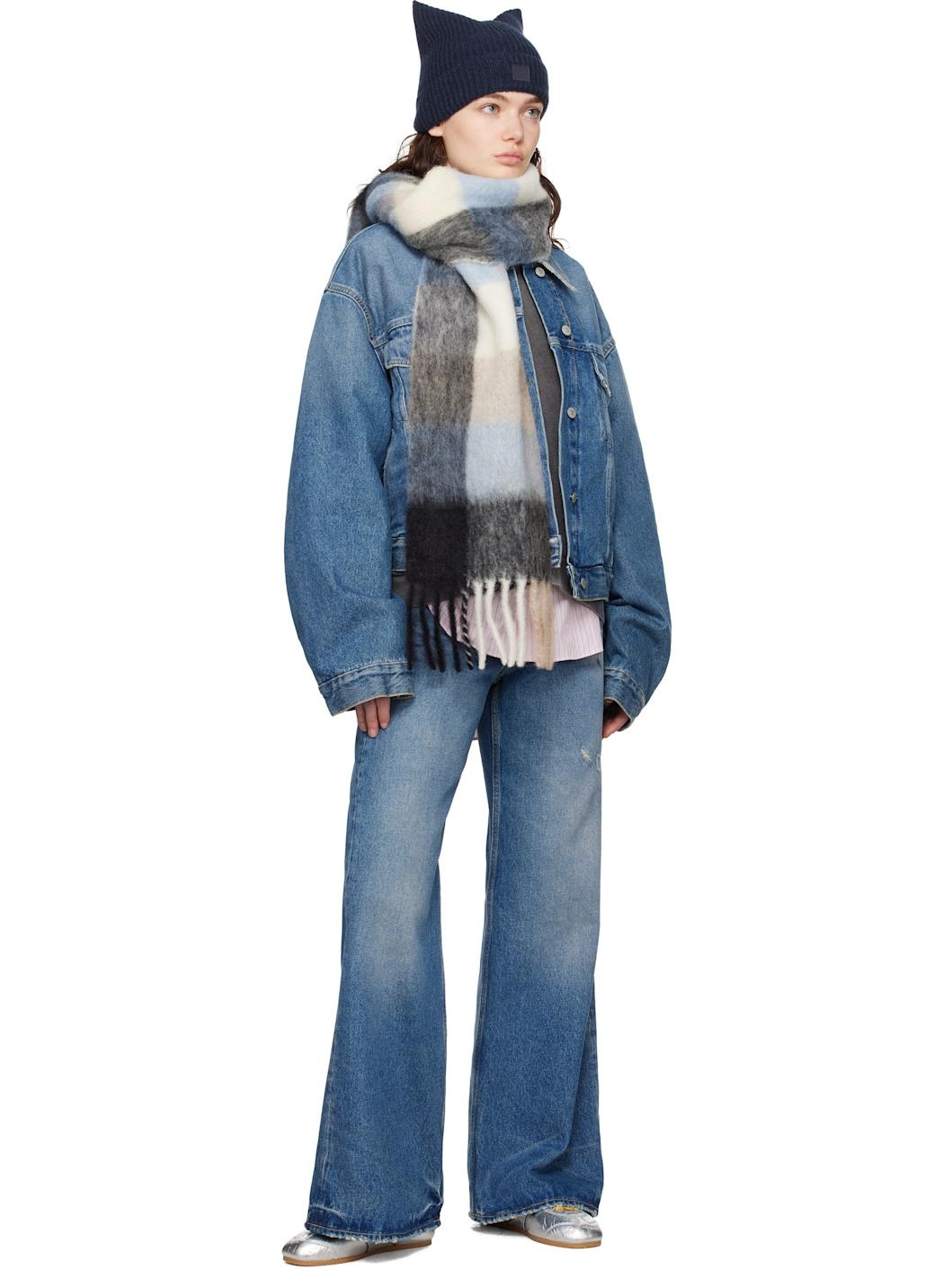 Blue & Beige Mohair Checked Scarf - 2