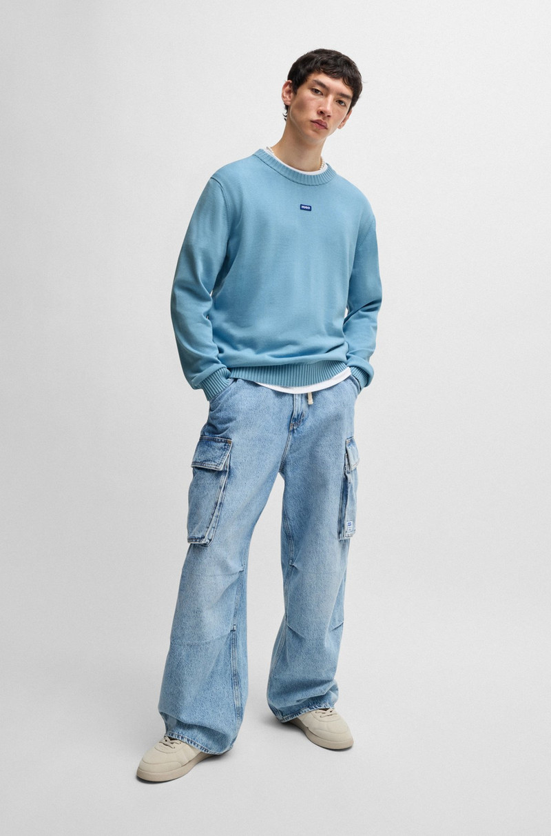 HUGO KNITTED-COTTON SWEATER WITH BLUE LOGO LABEL outlook