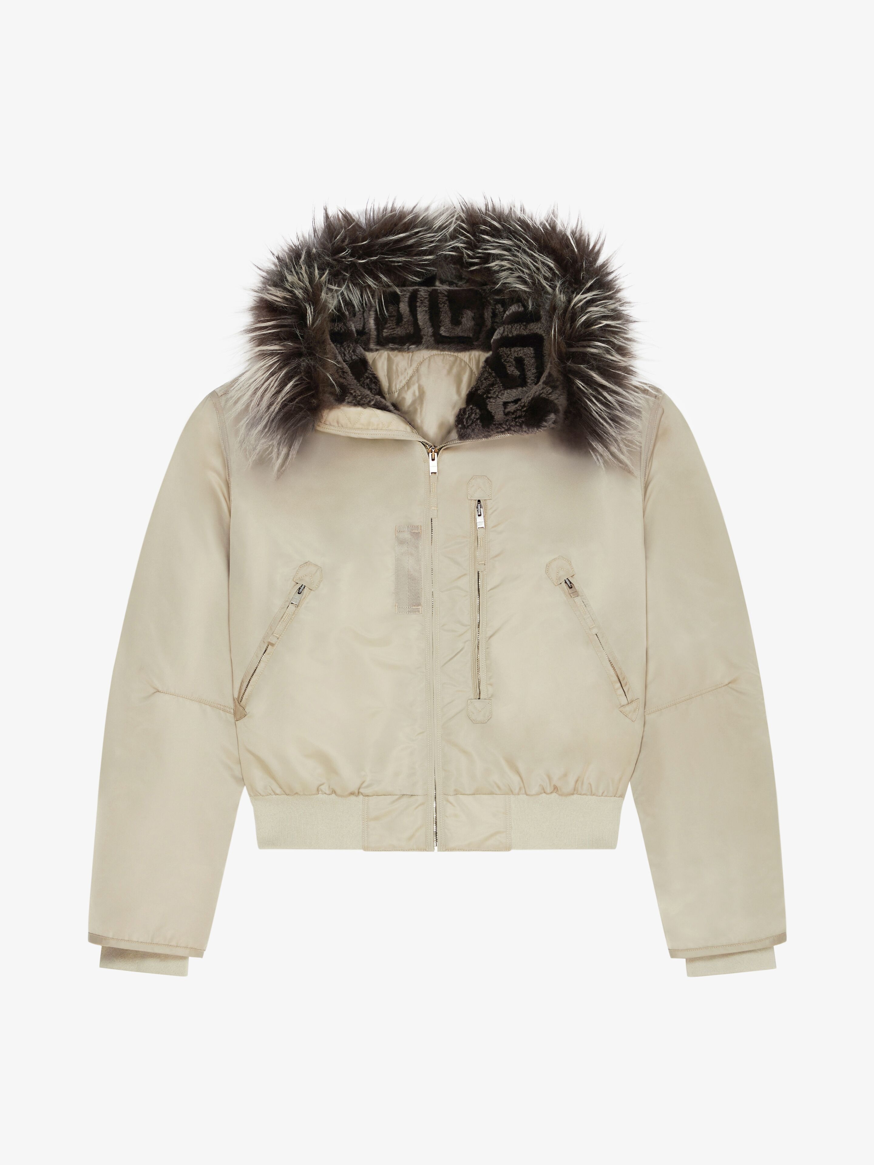 CROPPED BOMBER JACKET WITH 4G FUR HOOD - 1
