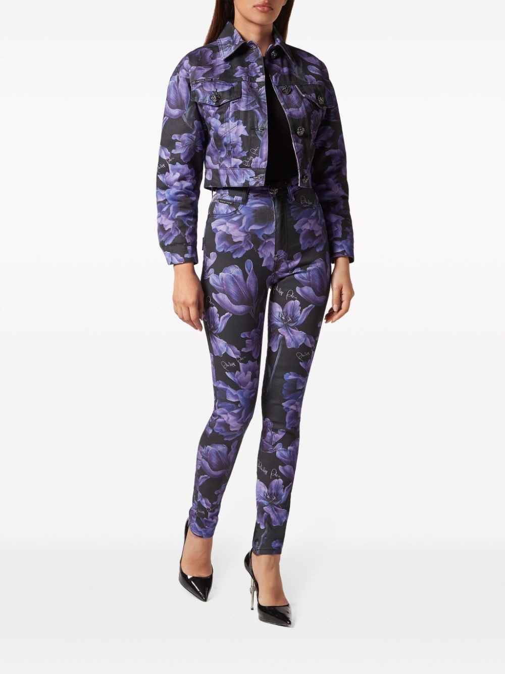floral-print cropped denim jacket - 2