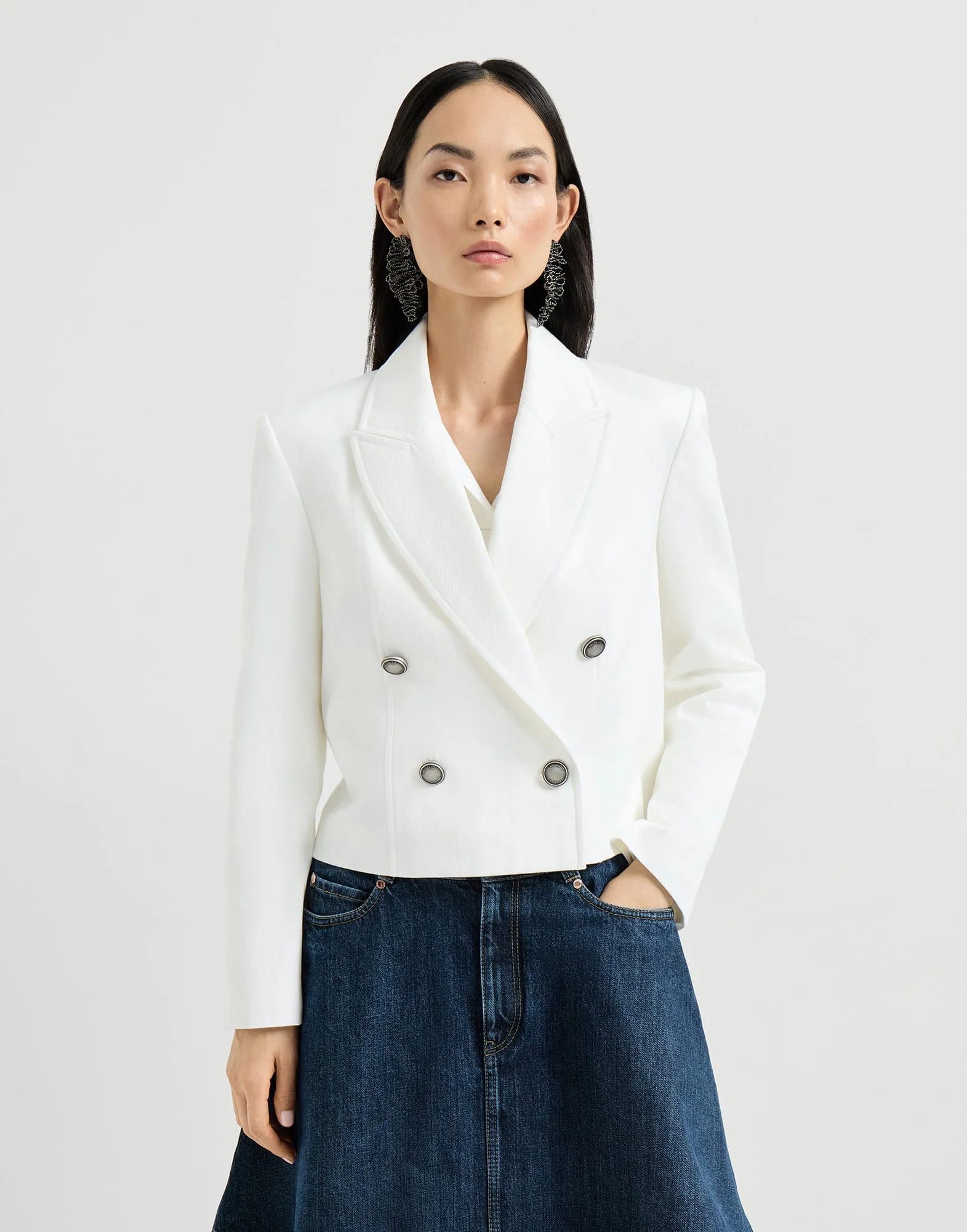 Cotton and paper yarn diagonal blazer with monili - 1
