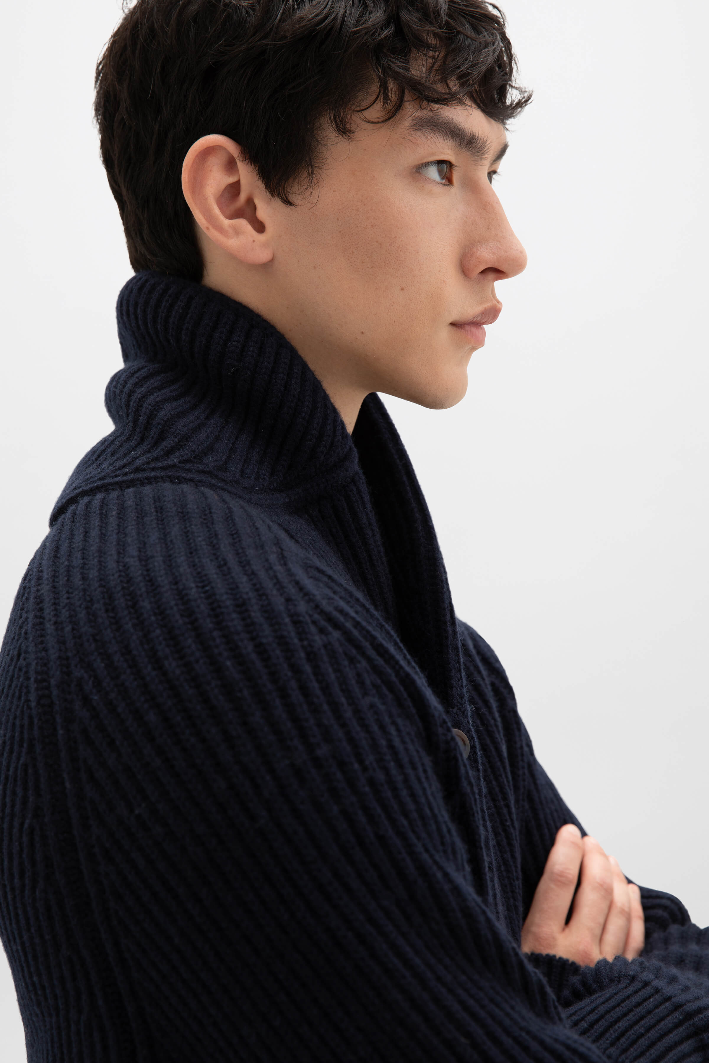 Shawl Collar Navy Cashmere Cardigan - 5