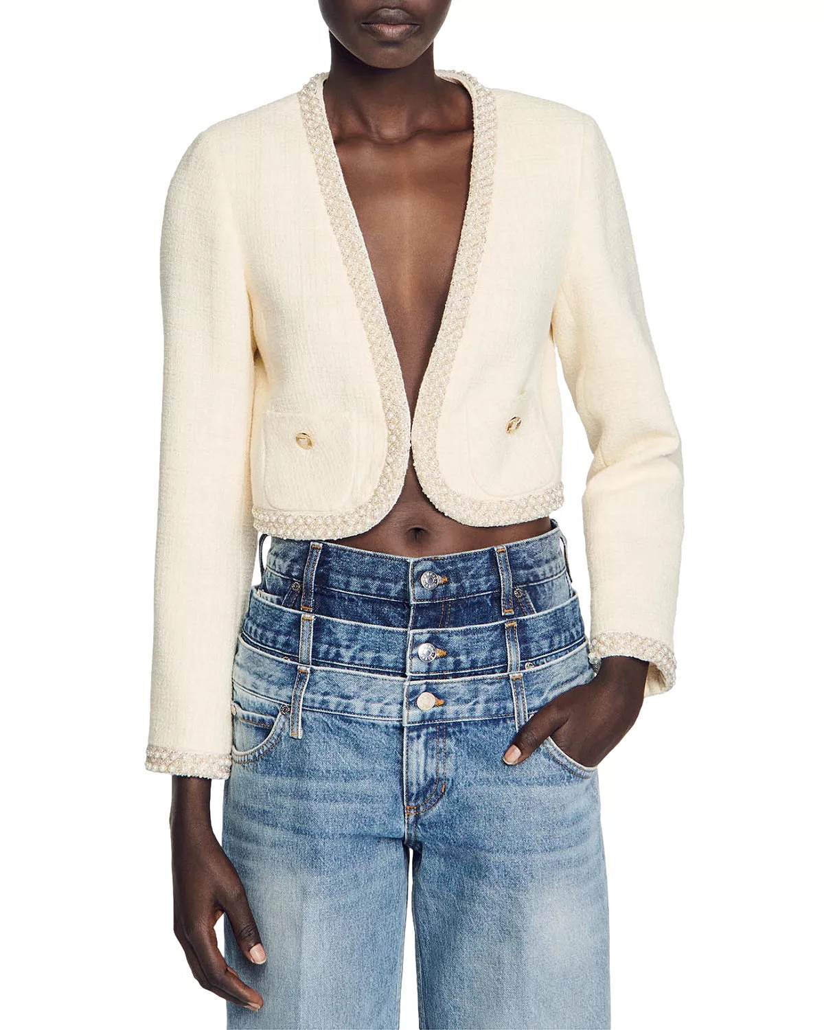 Bead Trim Cropped Tweed Jacket - 1